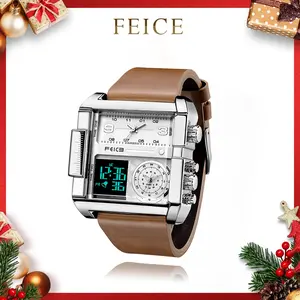 FEICE Men's Luminous Waterproof Analog Watch, 50mm Large Square Dial Quartz Watch with Multifunctional Design, Cowhide Strap and Sapphire Glass for Sport Fashion, Luminous Waterproof Watch, Analog Display