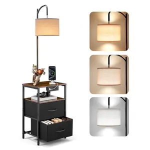 fathersdaygift VEVOR Floor Lamp with Table, 2-Tier End Table with 2 Drawers and 3 Color Temperature Lighting, Modern Side Nightstand Bedside Desk with USB Type C AC Charging Port for Living Room, Bedroom, Dorm