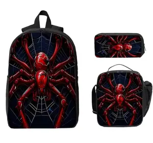 Complete 3-piece bag set, 1 Backpack and 2 Small Bags Featuring a Red Spider Against a Dark Web Design.