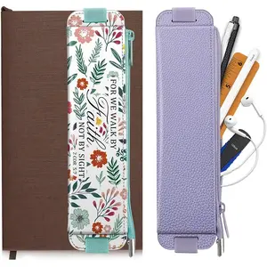 [2 Pack] FINPAC Pencil Case with Elastic Band for Notebook/Bible Study/Planner/Tablet, PU Leather Pen Holder Stationery Zipper Bag for Pencils/Markers