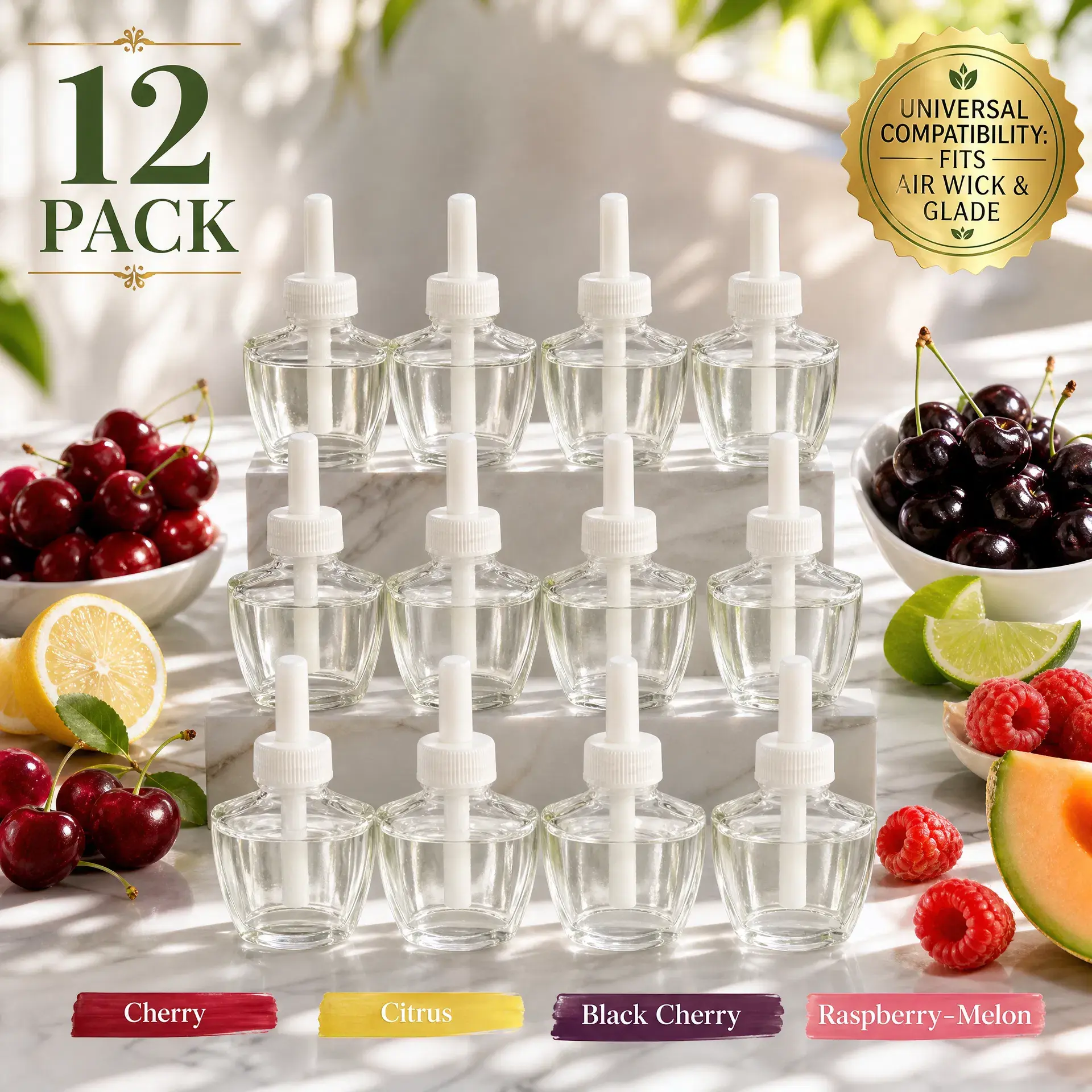 Plug In Air Fresheners for Home, 12 Pack – Cherry Scented, Citrus Fragrance, Black Cherry-Raspberry-Melon Cucumber Home Fragrance for Diffuser Machine, Humidifier Home Care Supplies, Compatible with Air Wick & Glade