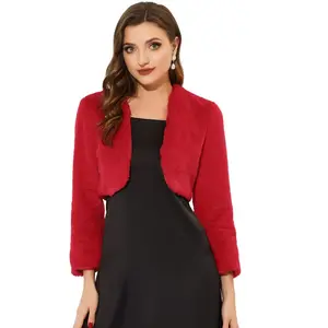 Allegra K Women's Cropped Open Front Collarless Faux Fur Jacket Medium Red