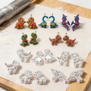 Polymer clay cutter 10 pieces of various dinosaur styles such as Stegosaurus, Brachiosaurus, pterosaur, Animals, Easter theme, polyester resin, Easter clay cutter, suitable for DIY handmade earrings and jewelry making
