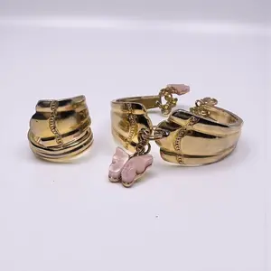 Gold Spoon Ring & Bracelet Set – Textured Design with Pink Butterfly Char