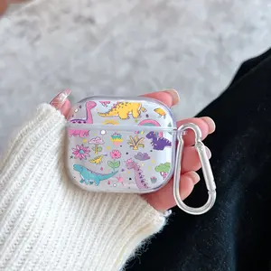 Cute Dinosaur Pattern Protective Case for AirPods 4/3/2/1/Pro/Pro2 Soft TPU Earphone Cover, Transparent with Keychain