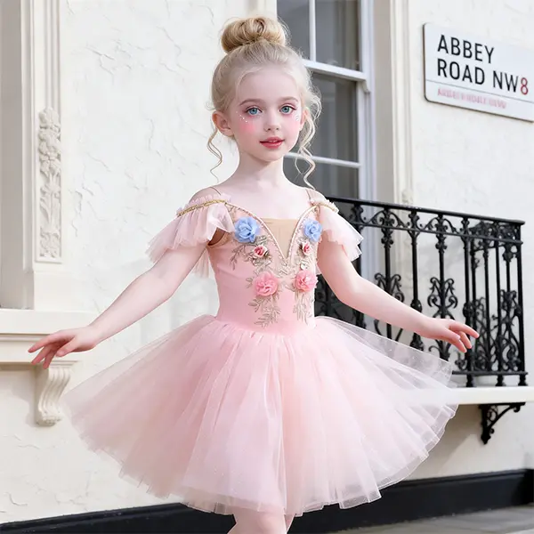 Children's Dance Ballet Dress Elegant Floral Embroidery Design Tulle Ruffle Sleeve Leotard Dress Princess Dress Birthday Party Dress Dance Costume