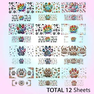 12 Pcs Keychain Cup Stickers DIY Handmade Scrapbooking Materials, Dog Paw Mini Cup UV DTF Transfer Sticker, Pet Theme Decorations, Sticker Set