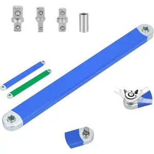 Offset Extension Wrench Set, 15-Inch Impact-Ready Tool with 1/4", 3/8", and 1/2" Square Drive Adapters Plus 1/4'' Drive Socket, Zero Degree Ratchet for Tight Spaces and Automotive Use (Blue)