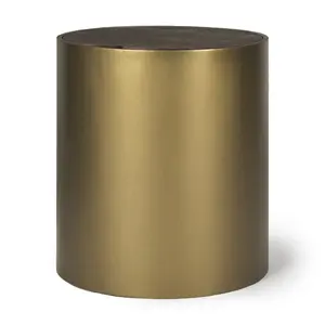 360 stand 22 in. Antiqued Gold & Brown Metal Drum End Table - Modern Accent Table with Circular Top, Solid Wood, Hidden Storage