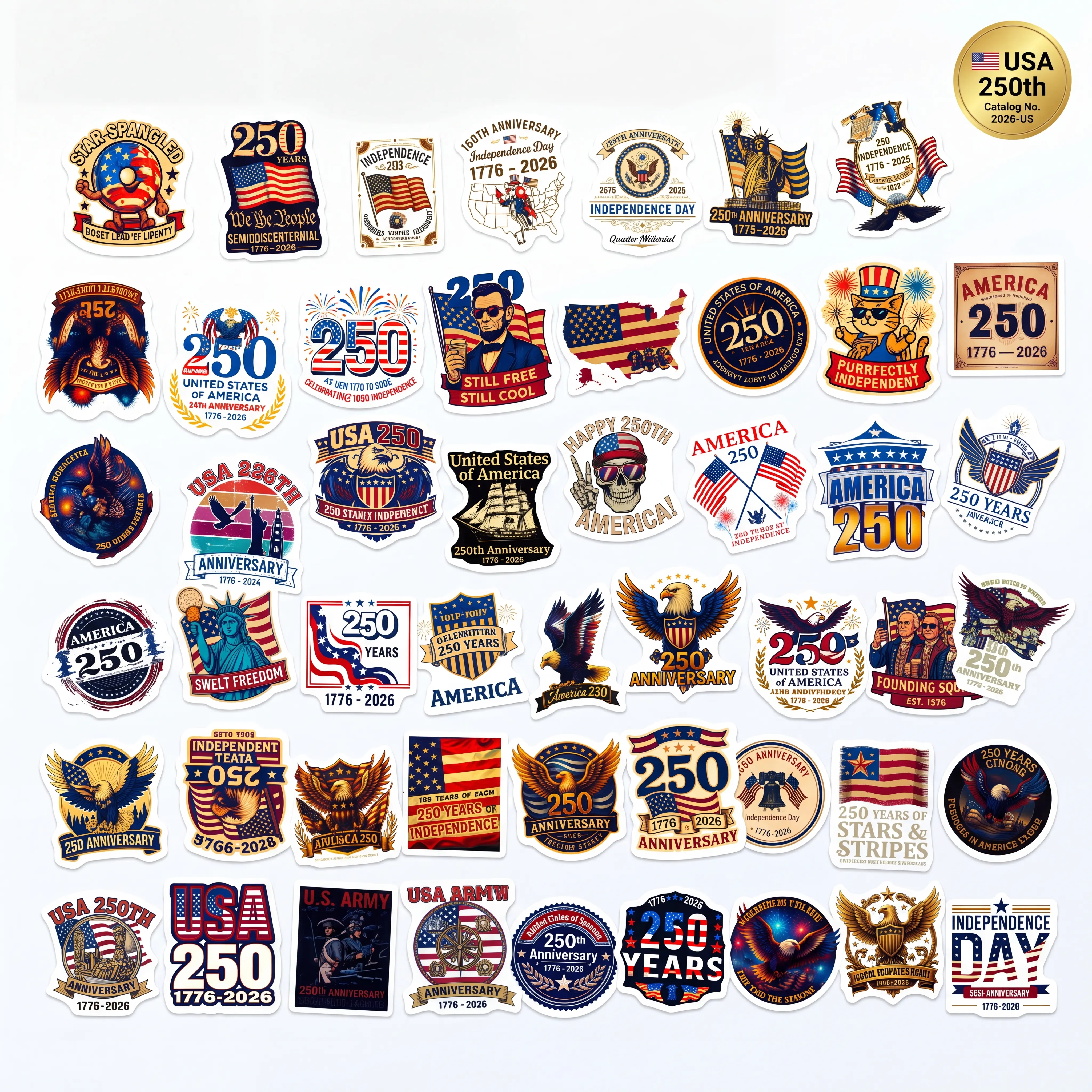 50PCS USA 250th Anniversary Series Sticker, Patriotic 1776-2026 Waterproof Vinyl Sticker Pack, Funny Weird Stickers for Water Bottles Laptop, 4th of July Series Graffiti Sticker