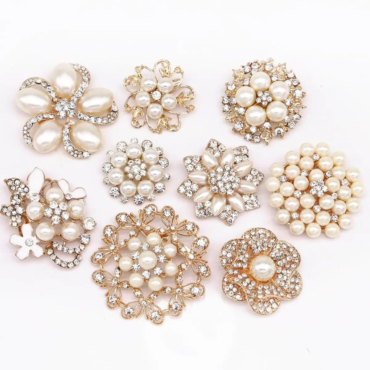 Women's 9-Piece Elegant Mixed Styles Rose Gold Rhinestone Brooch Set - 1"-3" Sizes, Metal Coating, Pearl Accents, Safety Pin Fastening, Sewing & Textile Accessory for Shawls, Sweaters, Ideal for Weddings, Party, Gifts