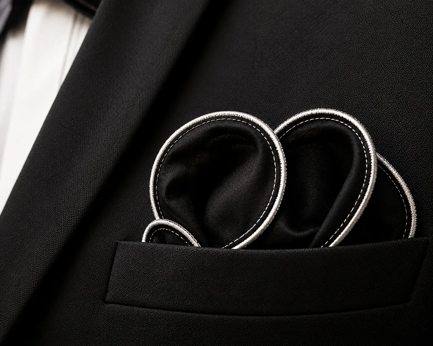 Black Silk Pocket Square with White Border Wedding Handkerchief for Jacket