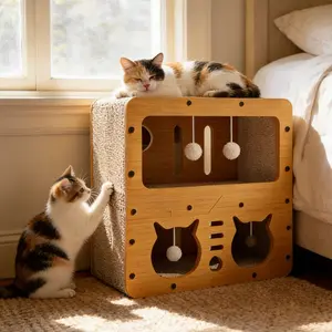 【Already have 10K favorites】2 in 1 Cat Bed with Scratching Board Pet Furniture for Indoor Cats Suitable for multiple cats Durable Double Layer Design Cat Bed Stylish and Comfortable Cat Furniture for All Seasons Wooden cat bed
