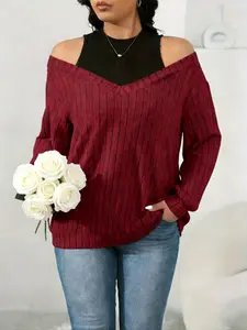 Shoulderless Long Sleeve Knit Sweater, V Neck Design, Loose Fit, Casual Style for Fall & Winter, Perfect for Dating and Gatherings, Womenswear, Knitwear