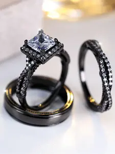 A black gold ring, combined with three sets of rings, is made of white zirconia. It is fashionable, high-end and simple, suitable for women to wear during proposals, travels and daily life, Square shaped zircon