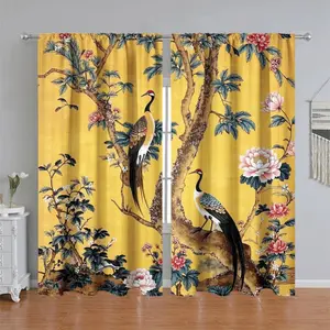 2Pcs 2-piece, chinoiserie crane flower print curtain panel, oriental bird tree design, rod pocket style, semi sunshade polyester fiber, suitable for home living room, bedroom, balcony, kitchen, study and shower window decoration, accessory, anti