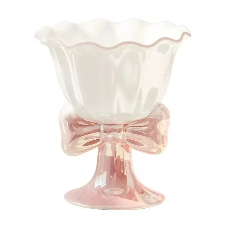 Aesthetic Pink Glass Cup, Cute Bow Design Dessert Bowl, Vintage Style Footed Drinkware for Home