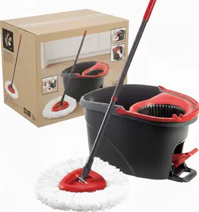 EasyWring Microfiber Spin Mop System, Hands-Free Wringing, Machine Washable, 360° Reach, Telescopic Handle, Red & Gray, Standard