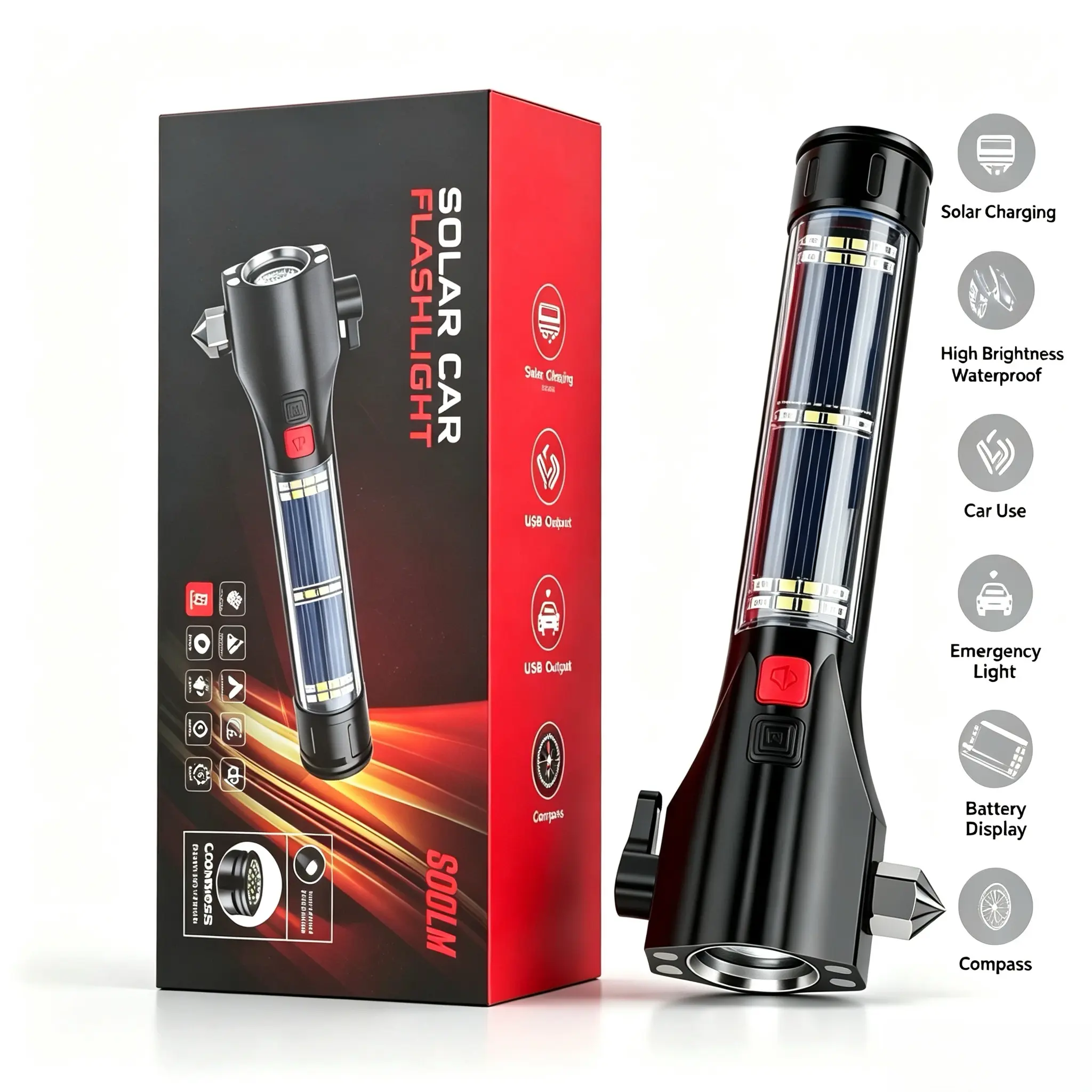 Multifunctional Solar Car Emergency Flashlight with  , Seatbelt Cutter, Compass, USB Phone Charger, Waterproof Emergency Safety Torch for Vehicle Camping high power