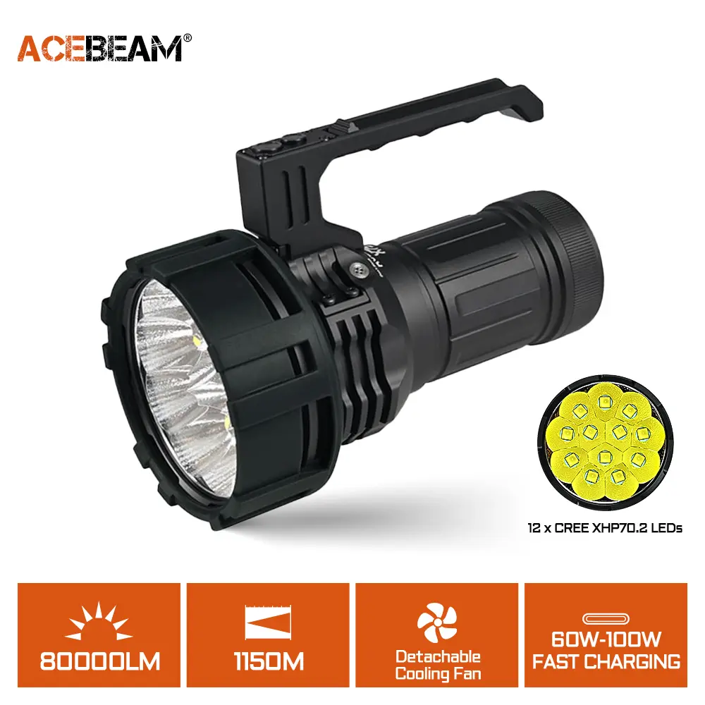 ACEBEAM X75 Super Bright Flashlight, 67000 High Lumen Rechargeable Searchlight with Power Bank, Hard-Anodized Aluminum Body, Detachable Cooling Fan & IP68 Waterproof for Camping & Hiking, High Lumen Flashlight, Rechargeable Light-Up Portable Torches, Batt