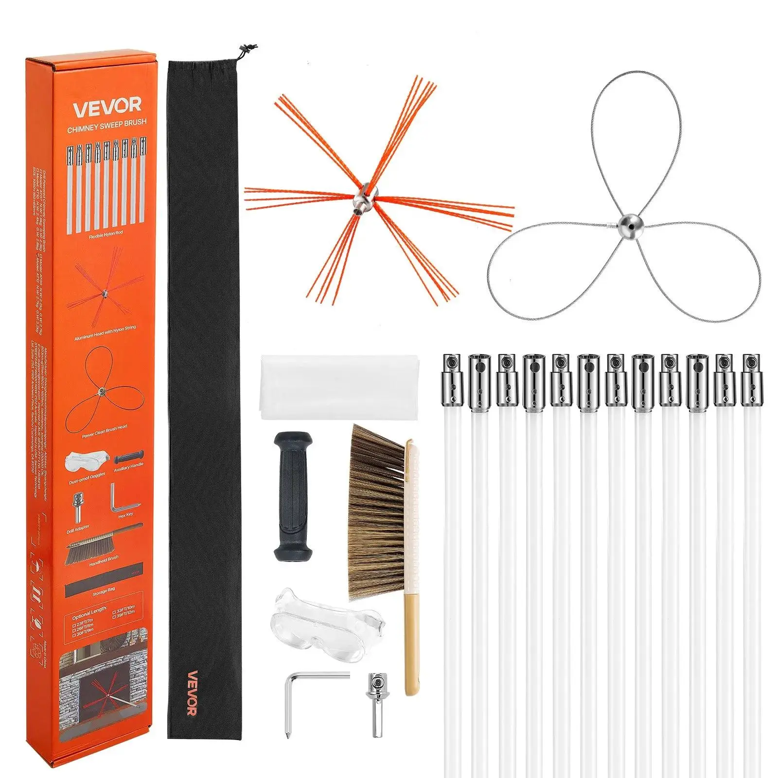【summerfinds】VEVOR Chimney Sweep Kit,  , 39 ft Maximum Extendable Length Chimney Brush, Chimney Cleaner Sweeper with Dual Brush Heads & Bristle Replacements, Fireplace Cleaning Tool for Square, Rectangle Chimneys
