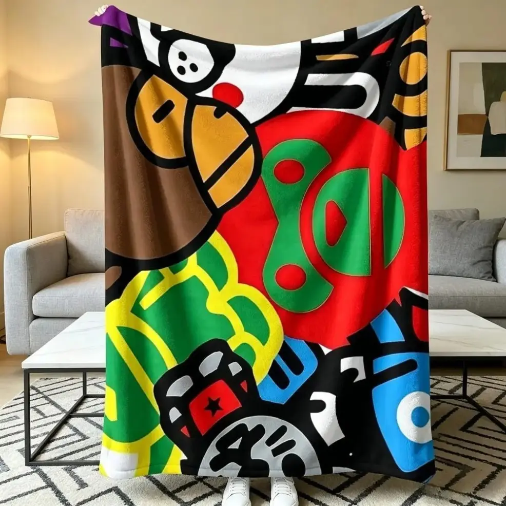 Colorful Patchwork Flannel Blanket, Baby blankets and adult blankets, Streetwear Cool Character Design, Soft Throw Blanket for Sofa Bed, Camping, Office Nap, Birthday Halloween Christmas Holiday Gift, Streetwear Gamer Gift for All Ages birthday gift
