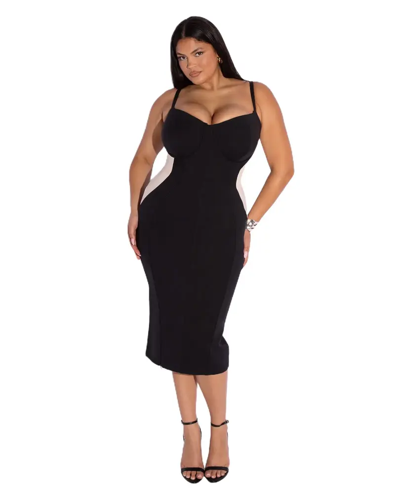 chinese dress ladies CRVY Long Sleeve Midi Shapewear Dress Pink / L