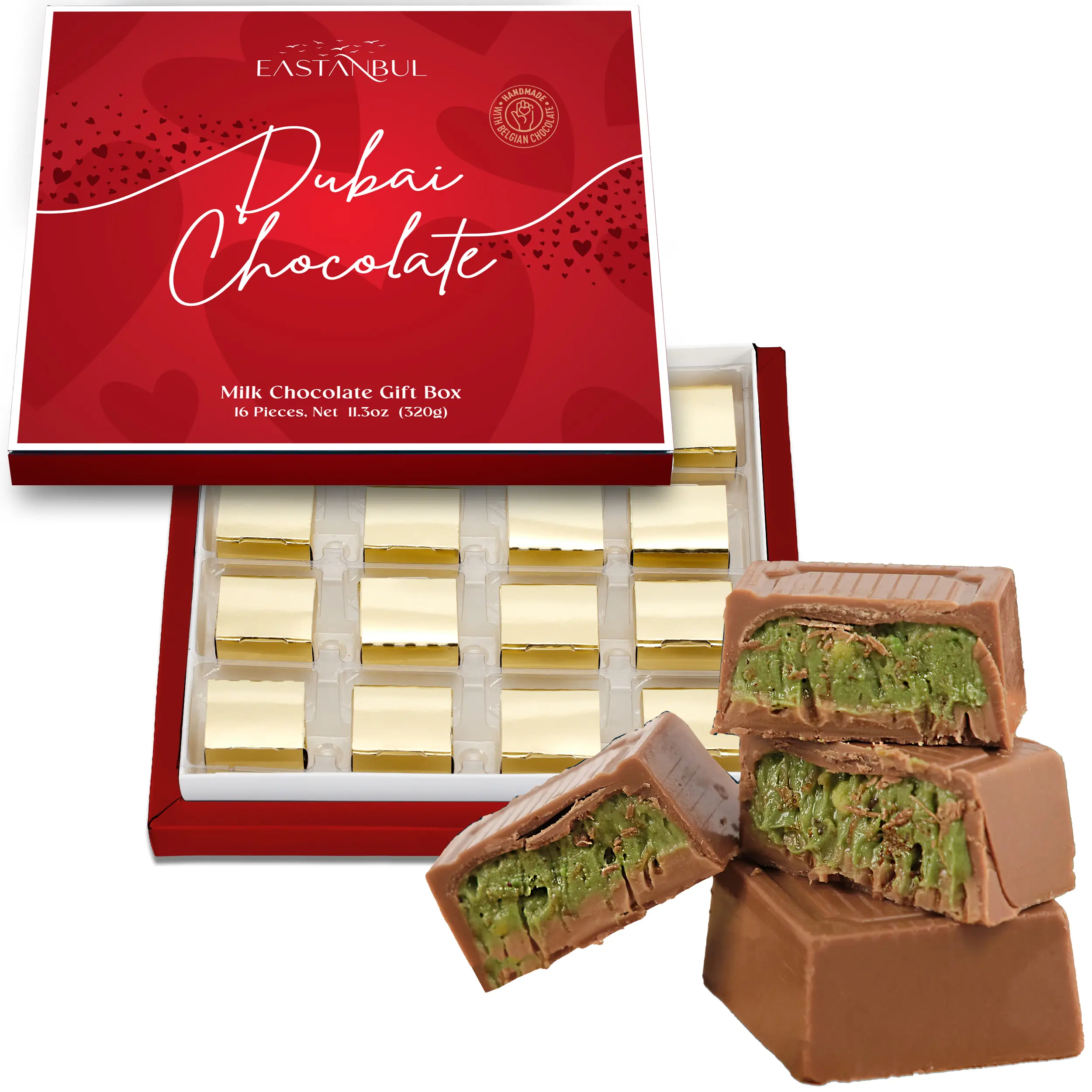 Eastanbul Dubai Chocolate Gift Box, 16 Pieces Milk Chocolate with Pistachio Filling, 11.3oz Premium Assorted Chocolates