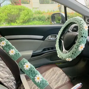 Cute Flower Crochet Car Steering Wheel Protector & Car Seat Belt Cover, Fashion Car Interior Accessories for Women & Girls, Girly Car Interior Sets, Suitable for All Cars