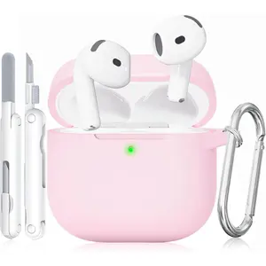 for AirPods 4 Case, TNSNK Soft Silicone Case Compatible with Apple Airpods 4th Generation 2024 for Women Girly, Anti-Scratch Pink Case Cover with Cleaner Kit and Keychain, Drop Protection