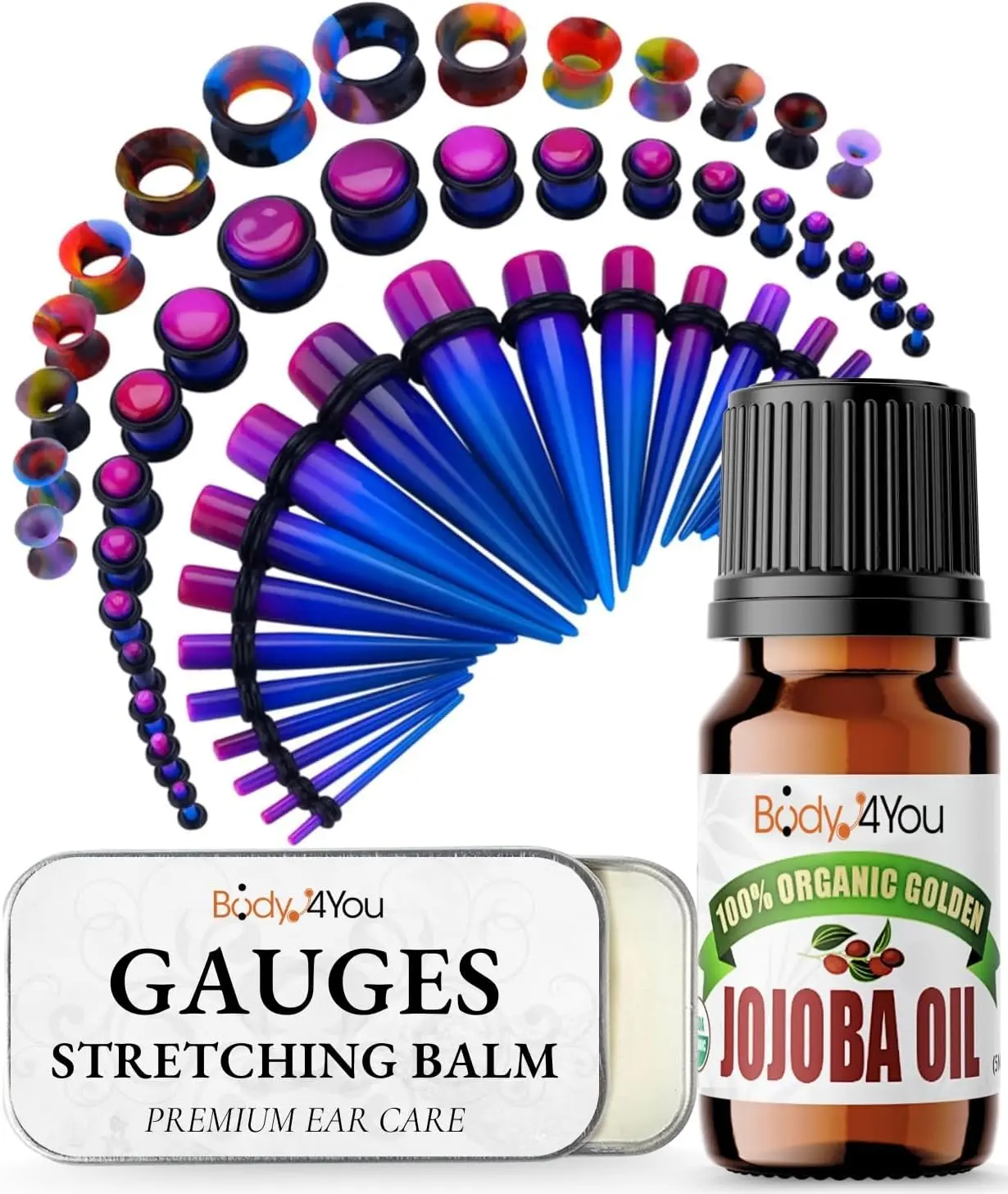 55PC Ear Stretching Kit 14G-12mm - Aftercare Jojoba Oil Ear Stretching Balm - Purple Blue Acrylic Plugs Gauge Tapers Silicone Tunnels - Lightweight Expanders Men Women