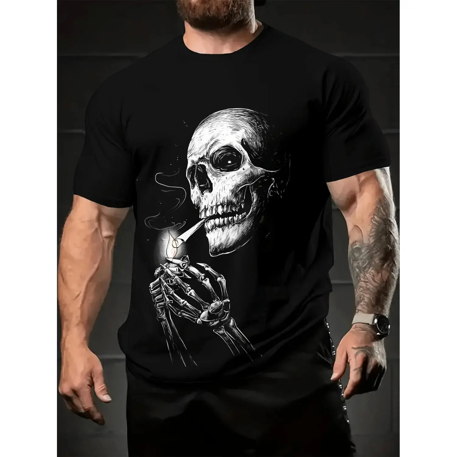 Men's Vintage Skull Graphic Shortleeve Tops - Cotton Stretch Regular Fit Round Neck Pullover, Casual Streetwear Graphic Tees with Unique Prints & Breathable Fabrics