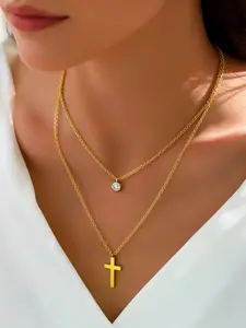 1pc Double Layer 18K Golden Plated Stainless Steel Cross Necklace - Elegant Minimalist Design with Zircon Pendant, Hypoallergenic, Durable & Stylish for Daily Wear & Birthday and Valentine's Day Gifting, Versatile Jewelry