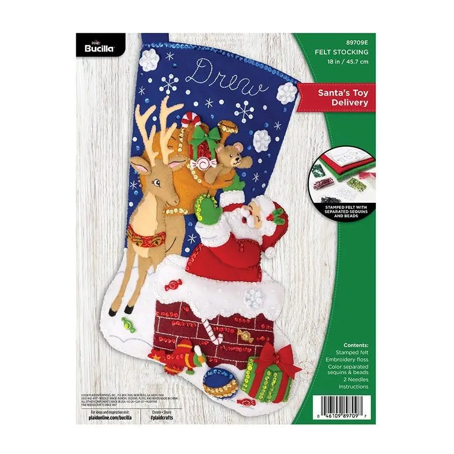Bucilla® Playful Santa & Deer Christmas Decorations Felt Stocking Kit - 89709E, 18 in, Pre-Stamped Felt, Embroidery for Beginner, Separated Sequins & Beads, Embroidery Floss, 2 Needles, Easy Instructions, Personalizable for All Ages