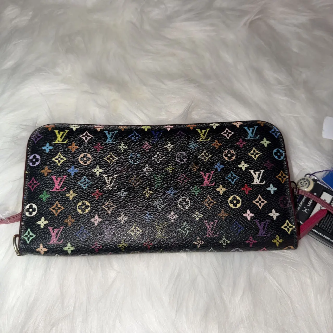 Pre-owned Louis Vuitton Leather Small Leather Goods black multicolor monogram zip around long wallet by Takashi Murakami+little charm ++