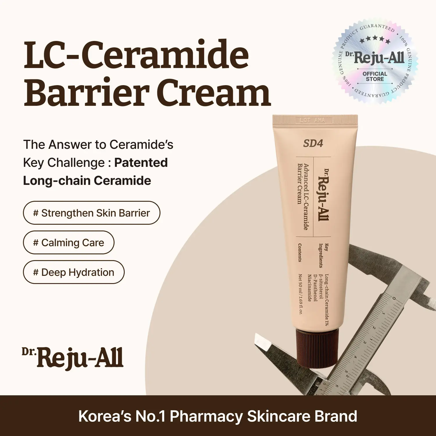 Dr.Reju-All Barrier Cream with Patented Long-Chain Ceramide, Gentle Korean Moisturizer to Hydrate for Smooth, Soft Skin, 1.69 Fl Oz