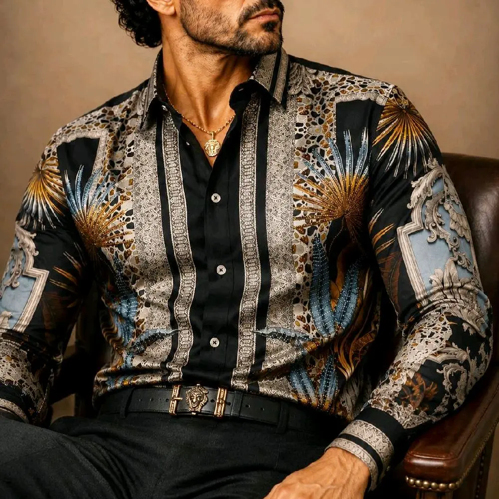 Barabas Men's Gray Cheetah Rhinestone Multicolor Button Up Dress Shirt with Exquisite Design