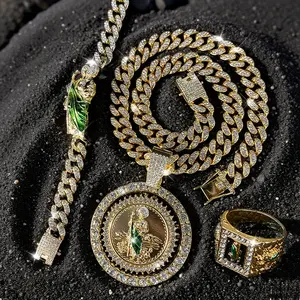 4Pcs San Judas Tadeo Jewelry Set Saint Jude Bracelet, Green Diamond Necklace, Medallion with Rotating Jesus Pendant, and Ring - A Luxurious Gift for Him Street Performance Fashionable Vintage Jewelry Set