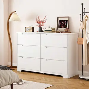 6 Drawer Vanity Dresser for Bedroom, Modern Wood Chest of Drawers with Cut-Out Handles and Anti-Tip Device, Accent Storage Cabinet with Smooth Guide Rails and Large Support Legs for Living Room and Home