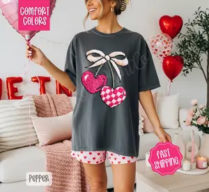 Faux Patchwork Heart Cherries Shirt Comfort Colors, Valentine's Day Women's Tee, Holiday Women's Tshirt