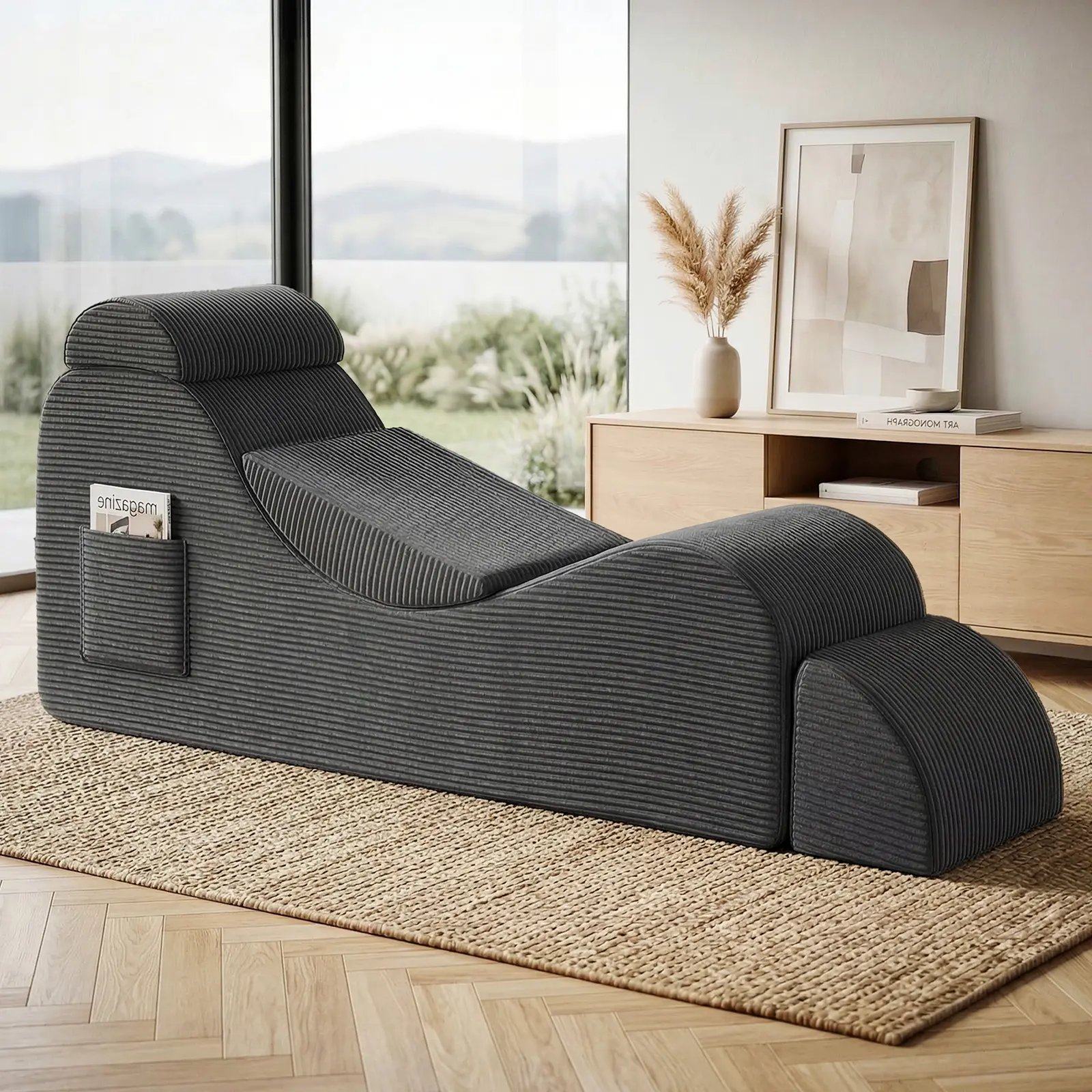 WINZOO Yoga Lounge Chair, Modern Comfy Corduroy Armless Lounger with Ottoman, Ergonomic S-Shape Fully Padded for Stretching & Relaxation, Adjustable Chaise Lounge, Armless Lounge Chair