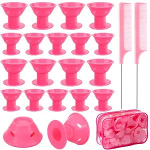 Heatless Silicone Hair Curling Rod Set for Women and Girls - 60 Pcs Pink Magic Rollers with Headband, 2 Combs, Large and Small Curlers for Long and Short Hair