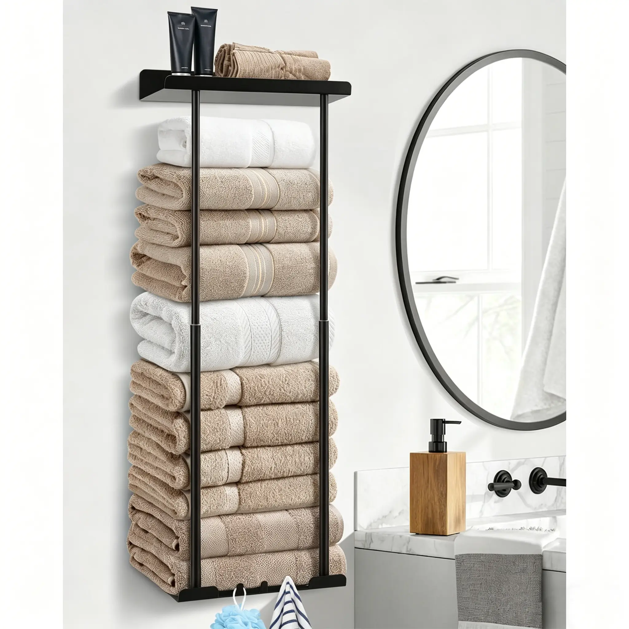Hommtina Black Wall Towel Rack 30.5x11.8 Inches Large Capacity Rust-Proof Metal Towel Holder for Bathroom Spa Sauna Salon Apartment Laundry Area