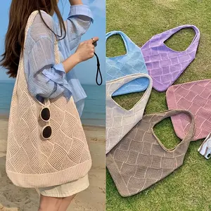 Breathable Knit Tote Bag - Open-Weave Summer Shoulder Bag with Spacious Design, Lightweight Polyester, 5 Colors (Light Brown/Beige/Blue/Purple/Pink) for Beach, Shopping & Casual Outings, Summer Tote Bag | Minimalist Tote | Lightweight Bag,