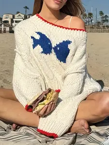 A set of women's casual white small fish pattern knitted Long Sleeve sweaters, suitable for autumn and winter, suitable for home, indoor, and outdoor wear