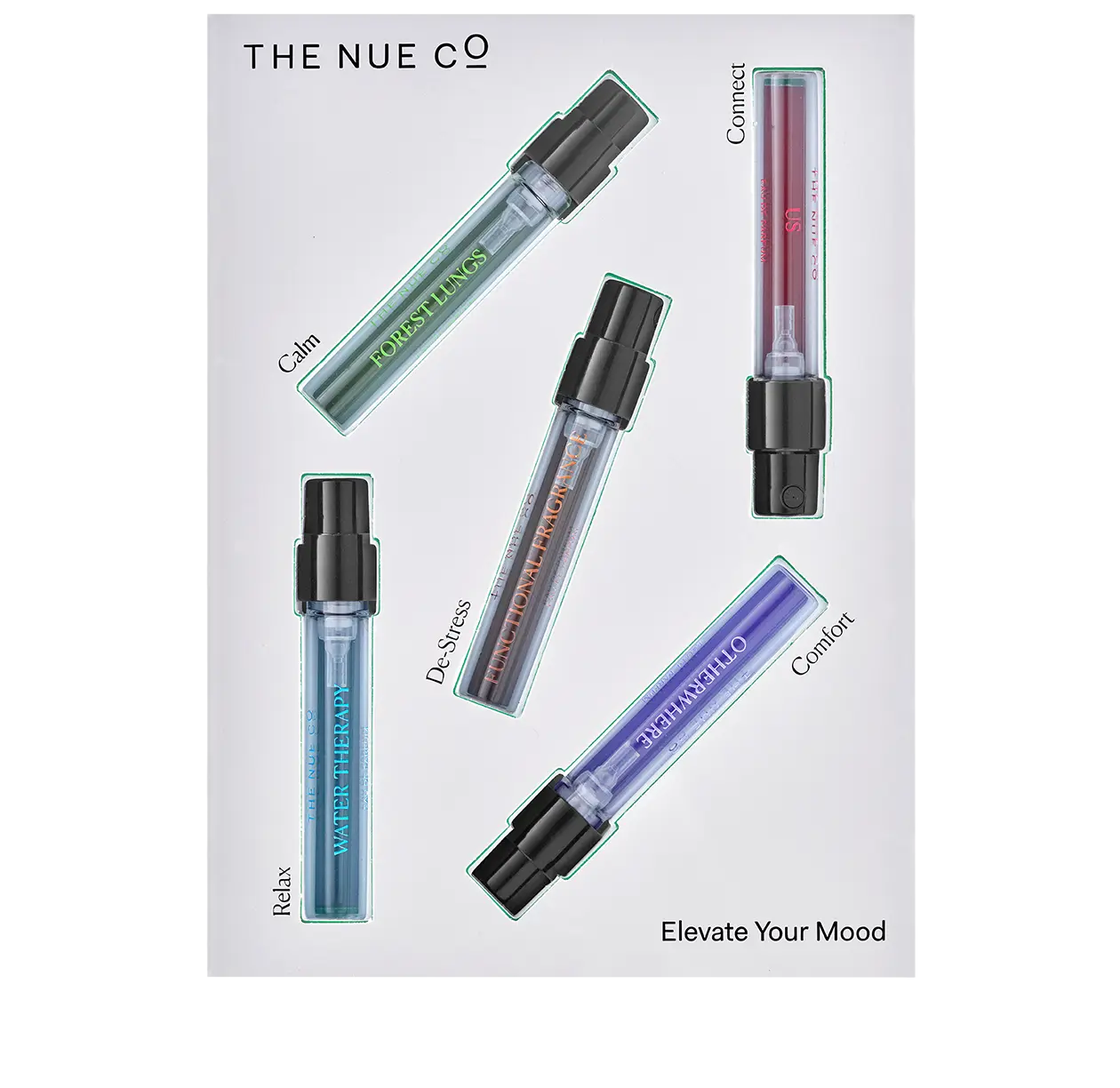 The Nue Co. Functional Fragrance Discovery Set - 5 Signature Scents for Mood-Boosting - Forest Lungs, Connect, Otherwhere, Us, Water Therapy - Perfect for Travel & Gifting
