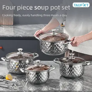 Stainless Steel Cookware Set, 4 Pots & 4 Glass Lids, Ideal for Family Meals, Curry, Stews, Soups, Thickened Material, Easy to Clean