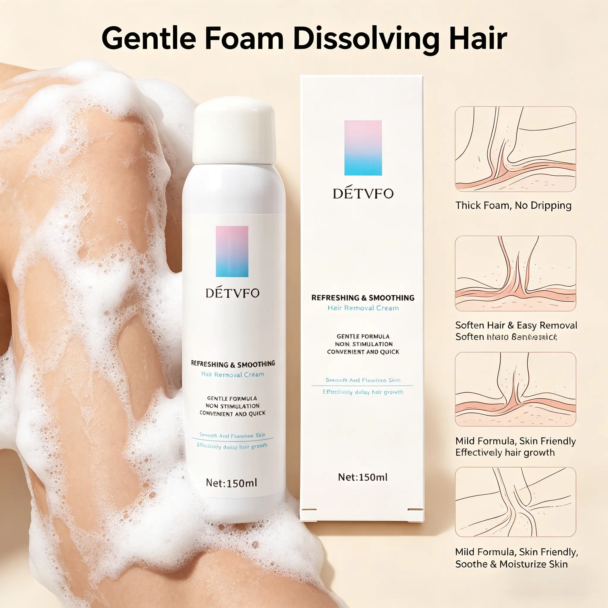Moisturizing Depilatory Mousse for Smoothing Body Care - With Aloe & Hyaluronic Acid, No-Dripping Formula for Men & Women, 150ml, Foam, Cosmetic, Moisturizer, Hair Removal, Sensitive, Gentle Waxing, Dissolves Hair, Aloe Blend, Single Item, Hypoallergenic