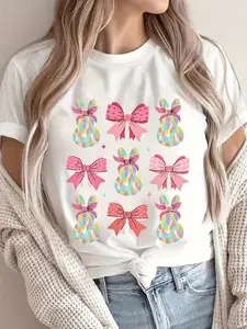 Plus Size - Easter Limited Edition Women'S Casual Short-Sleeved T-shirt  Bright Purple Geometric Egg and Bow Print, Soft Fabric, Comfortable for All Seasons, Machine Washable, Oversized Fit, Crew Neck