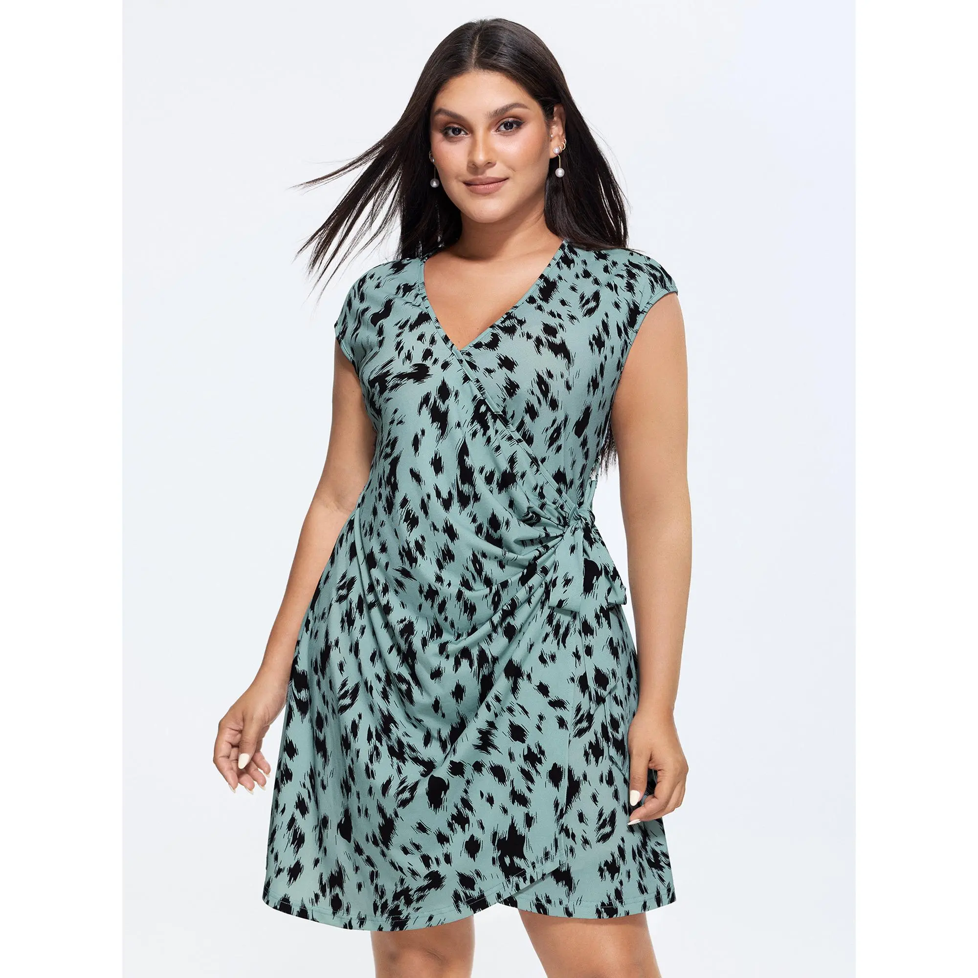 BloomChic Women's Plus Size Fit Polyester Animal Print Wrap Dress - Casual Soft Knitted Midi, Short Cap Sleeves, Side Knot, Breathable Comfy Fabric for Everyday Summer Wear